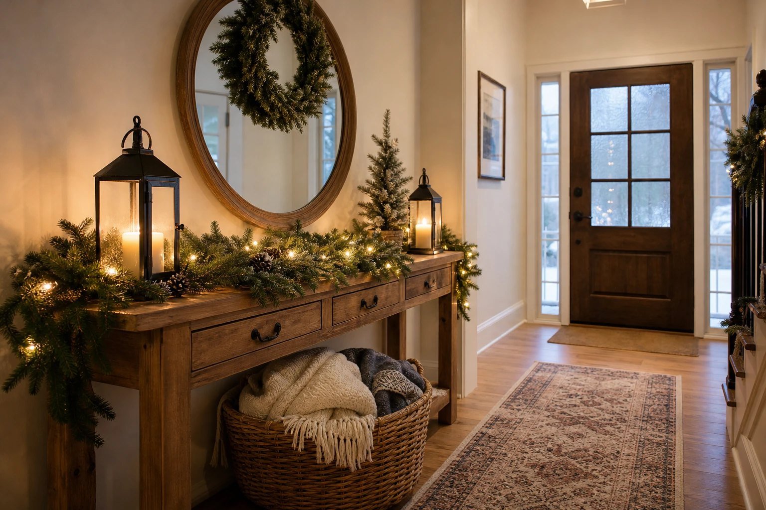 A warm Christmas entryway with a styled console table, garland and lantern glow