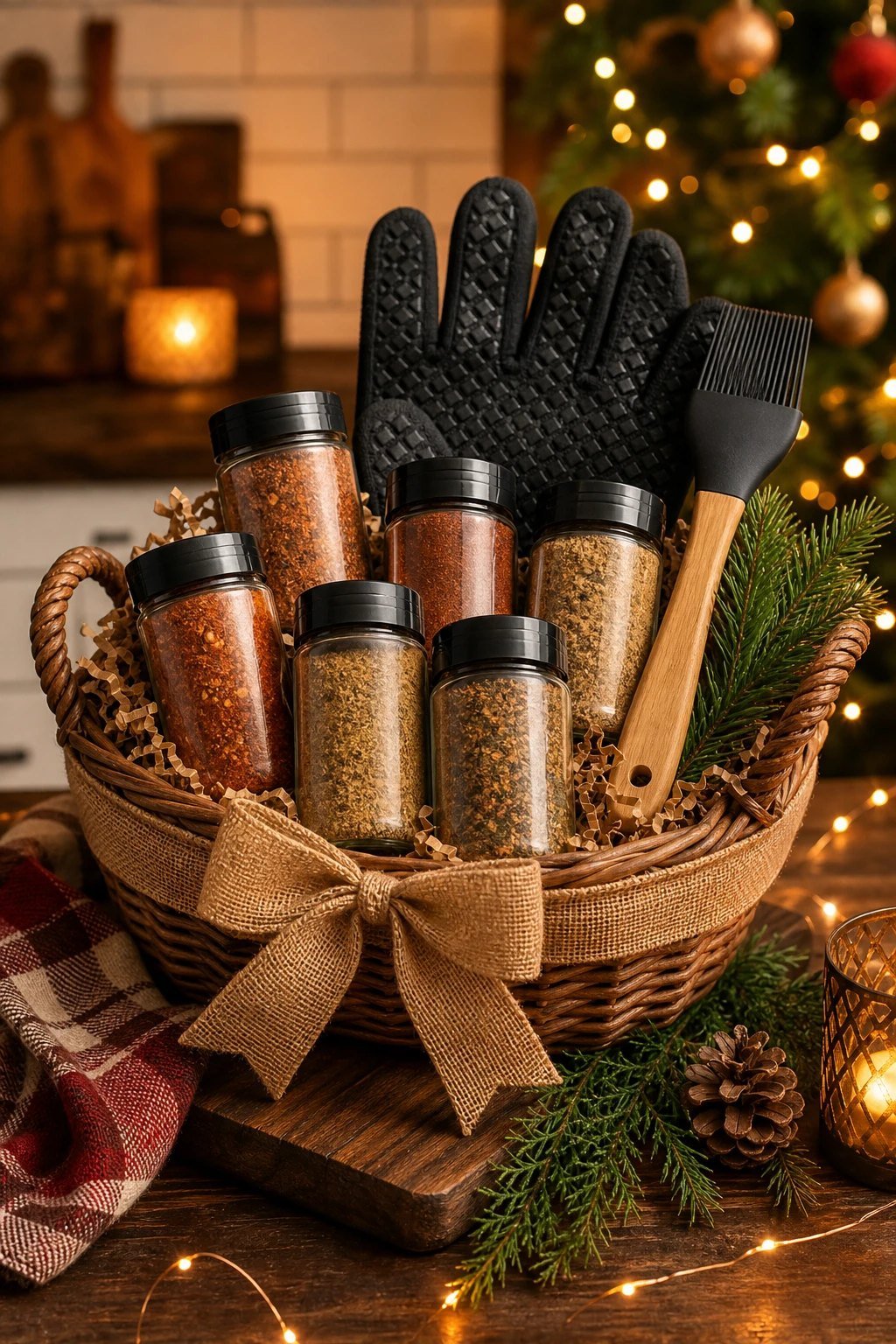 A grill master gift basket with a set of spice rub jars