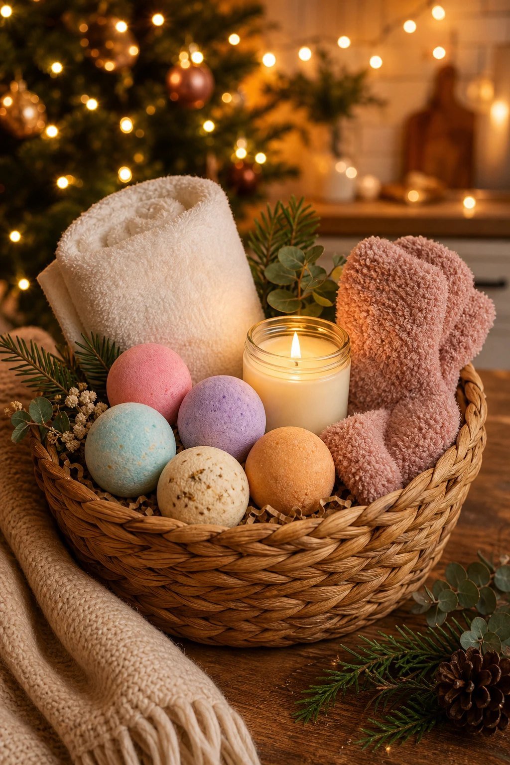 A spa night gift basket with colorful bath bombs
