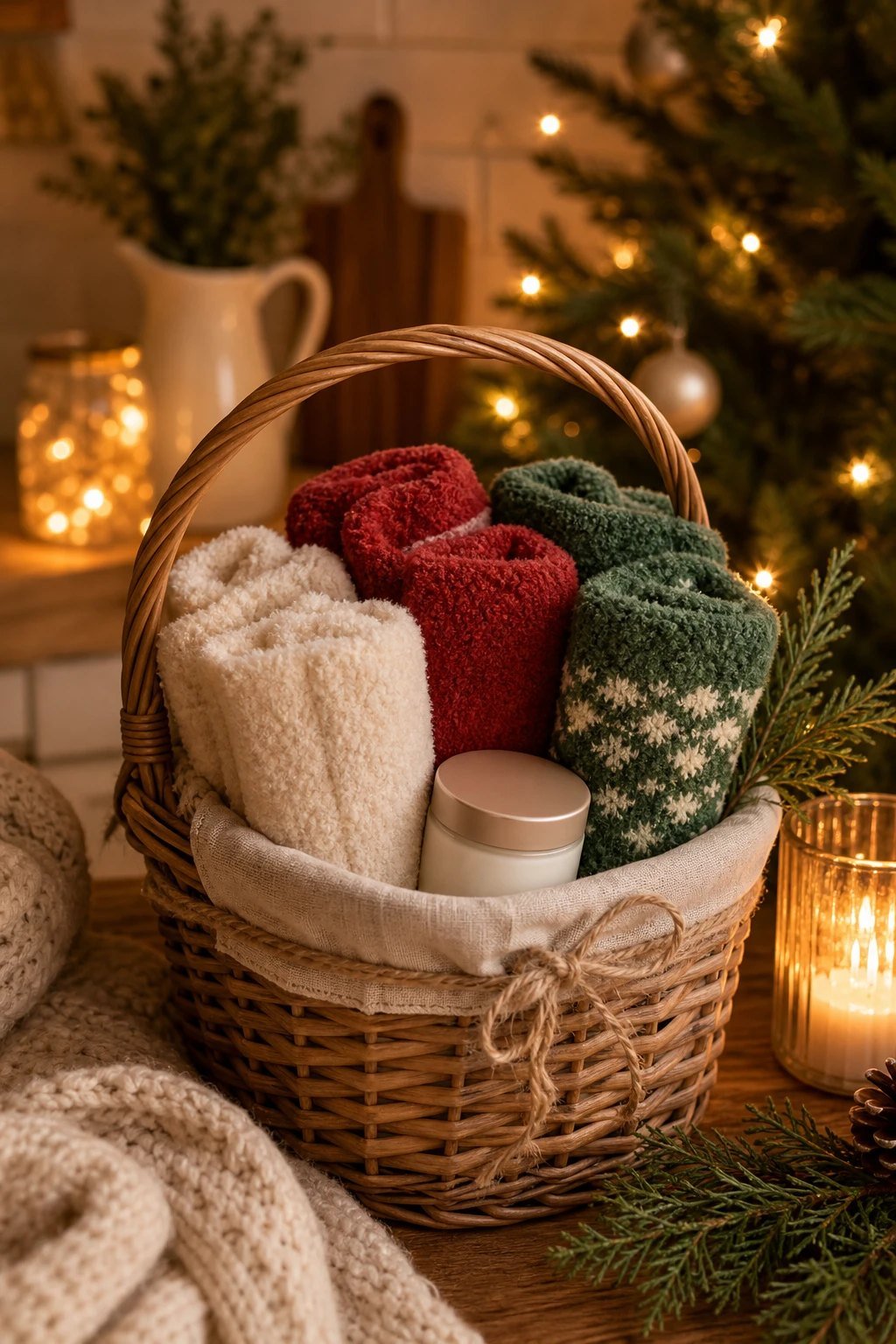 A small gift basket filled with rolled pairs of soft fuzzy socks in cream