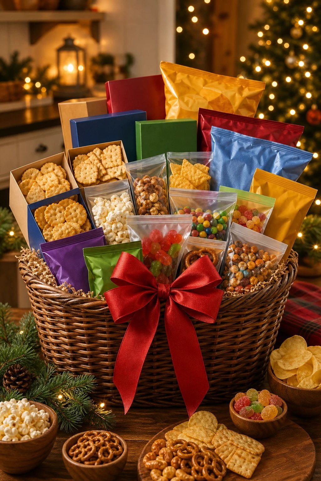 A big family snack gift basket overflowing with cracker boxes