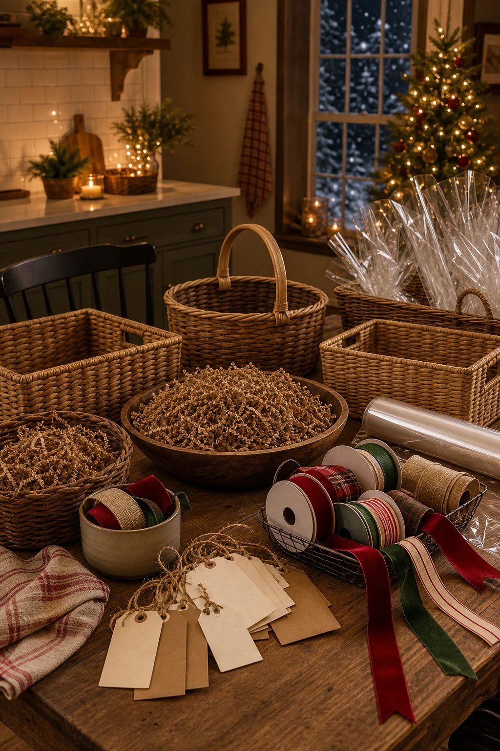 A kitchen table set up as a gift basket assembly station with empty woven baskets