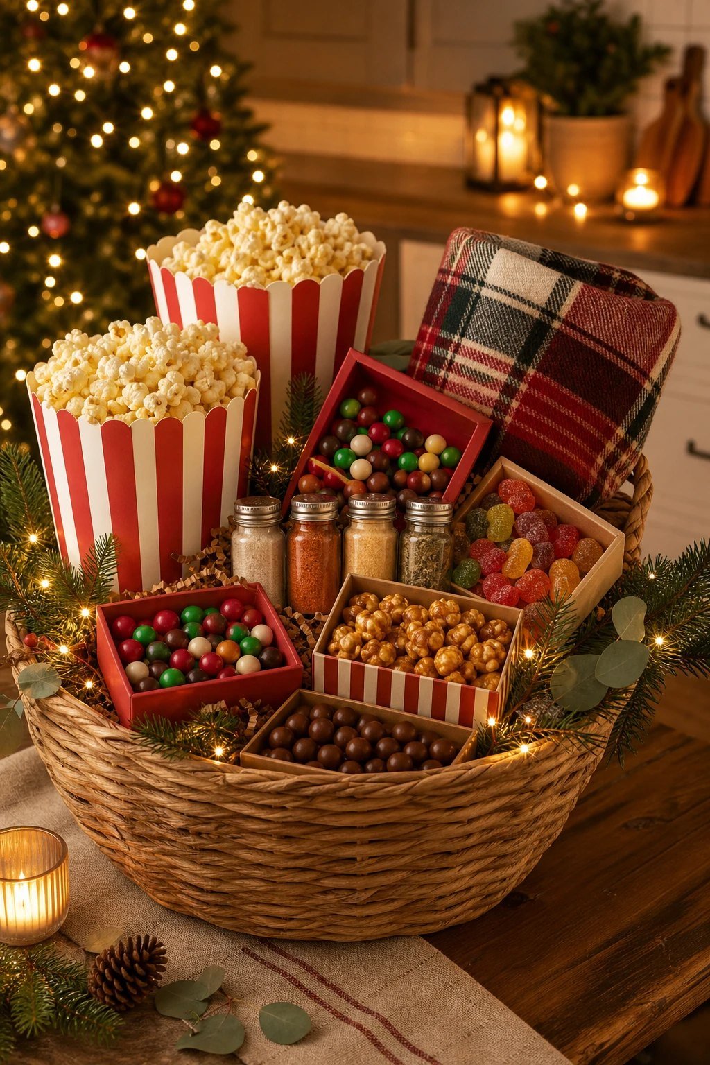 A movie night gift basket with popcorn tubs