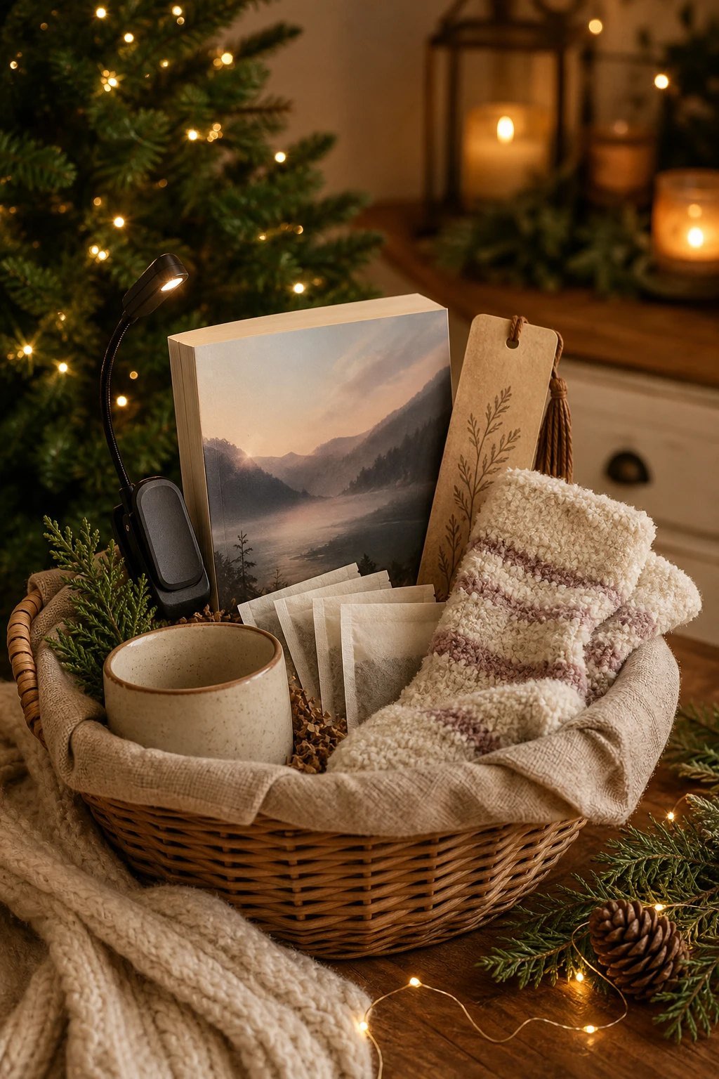 A cozy reading gift basket with a paperback book