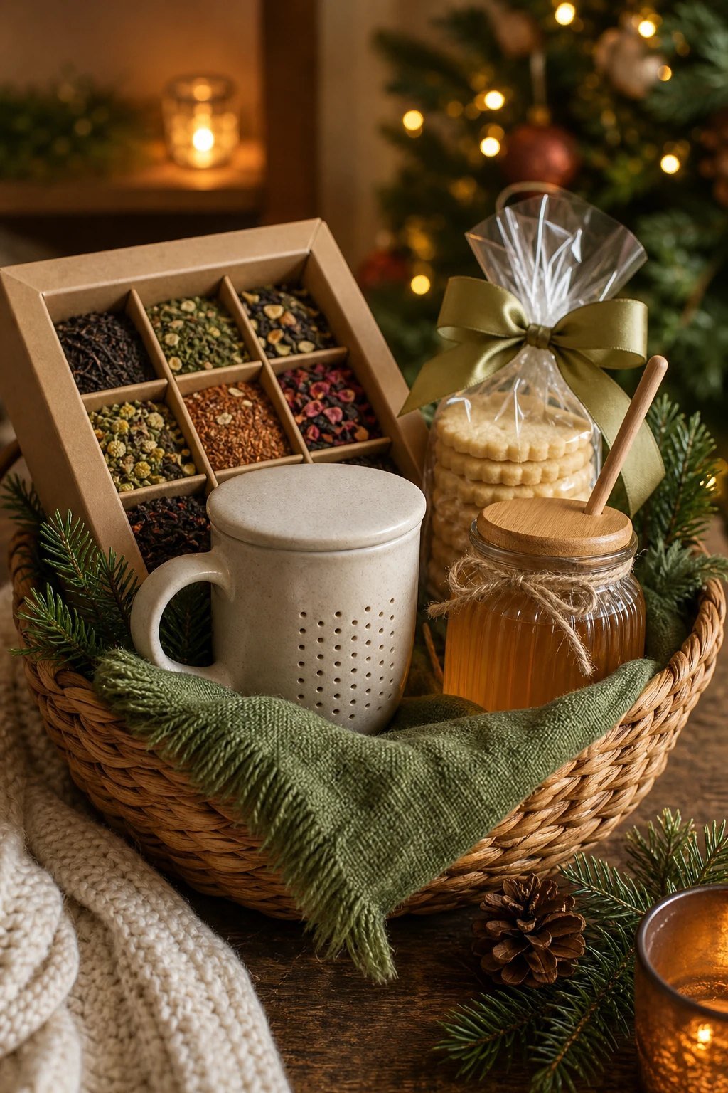 A tea lover gift basket with a box of assorted tea