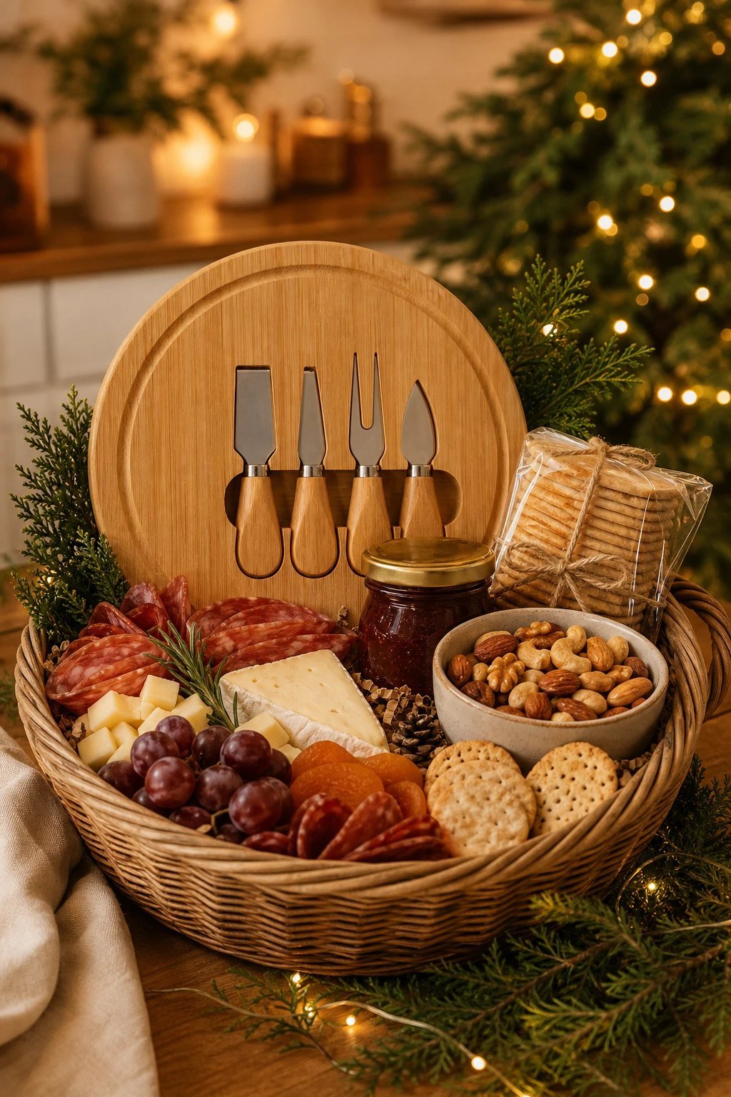 A charcuterie gift basket with a round bamboo board with small knives