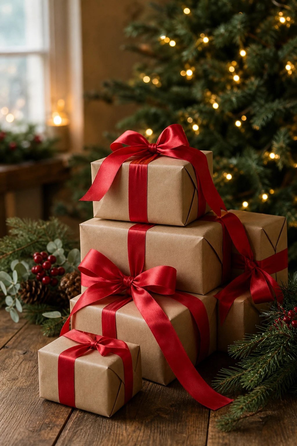 Kraft paper and a red ribbon