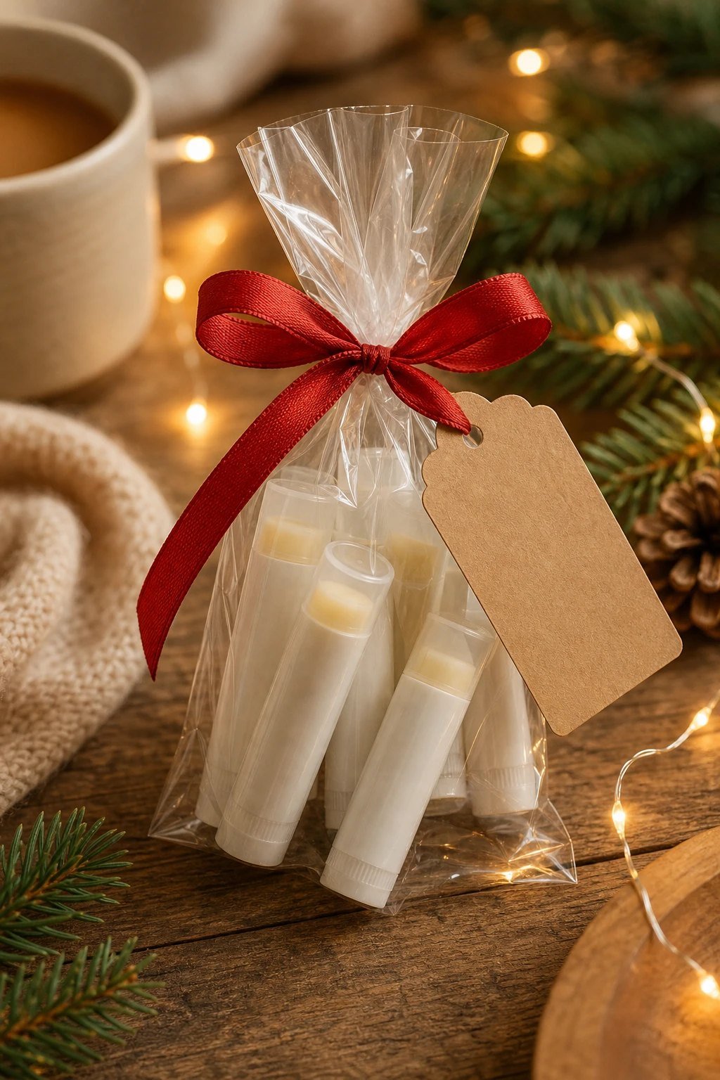 Several small tubes of plain unbranded lip balm in a little clear gift bag tied with red ribbon and a blank kraft tag
