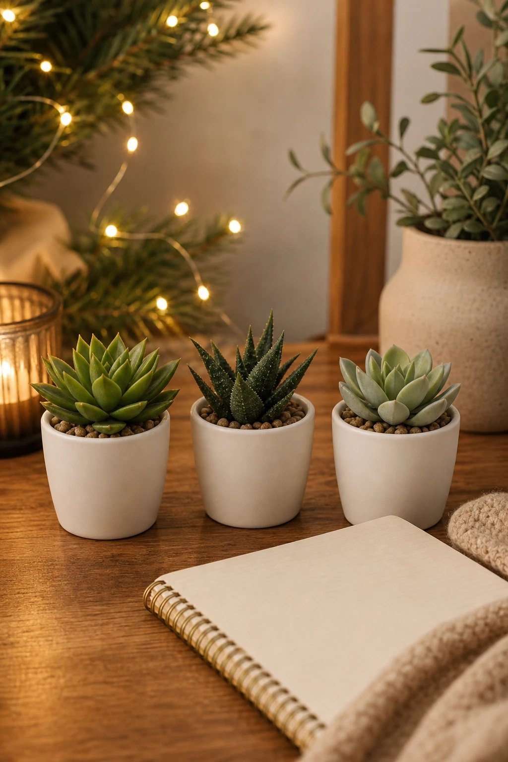 Three tiny faux succulent plants in small white pots lined up on a desk beside a notebook