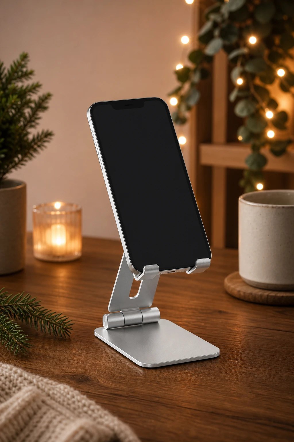 A sleek silver aluminum folding phone stand holding a phone with a blank screen on a desk