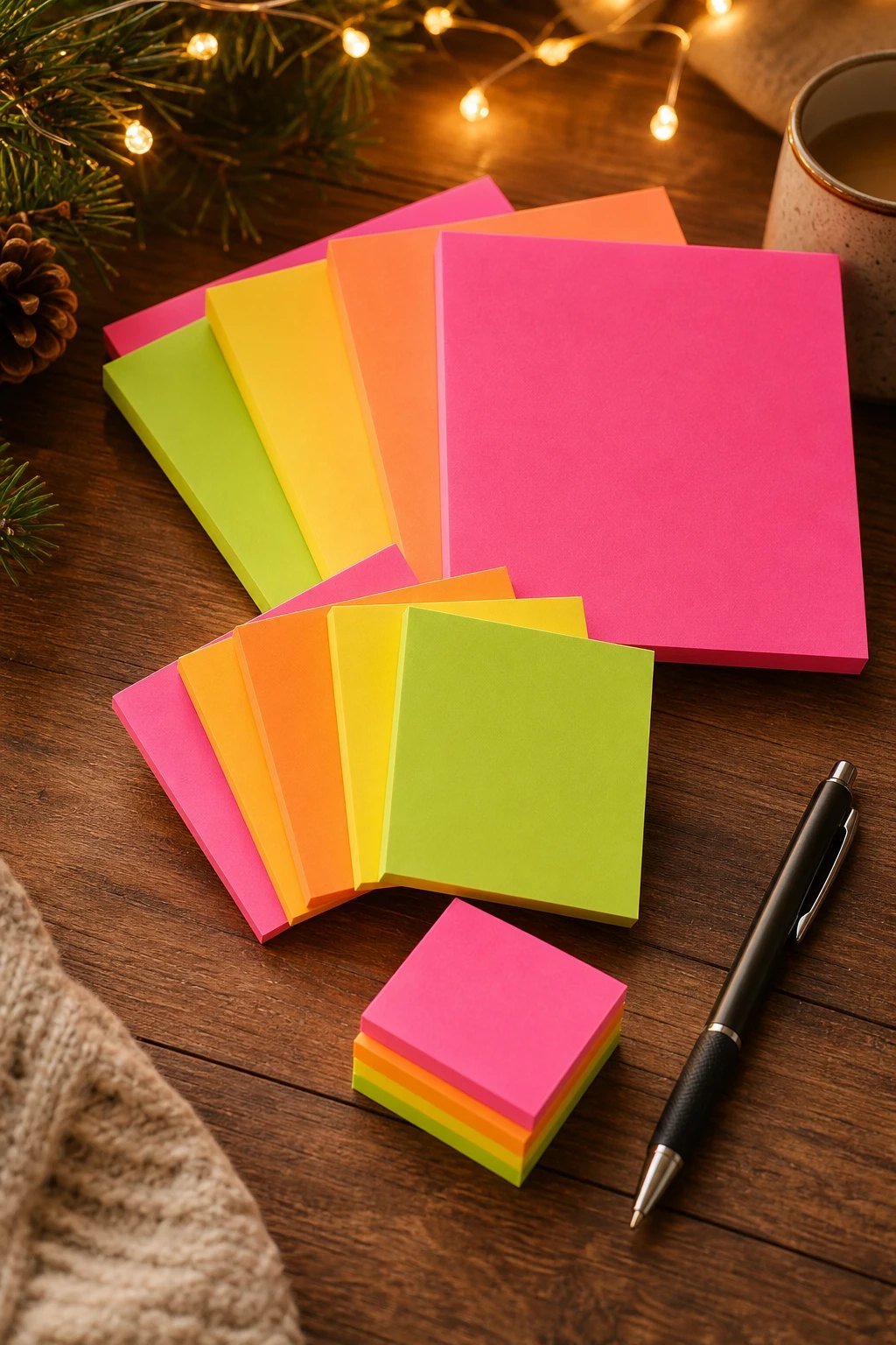 Bright neon stacks of square sticky notes in several sizes fanned out on a desk beside a pen