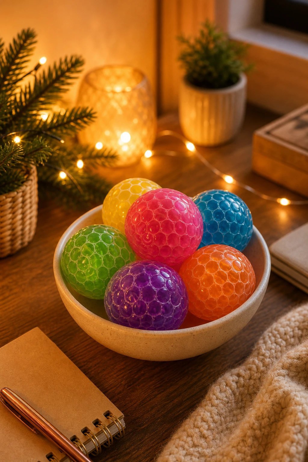 A handful of colorful squishy sticky stress balls in a small bowl on a desk