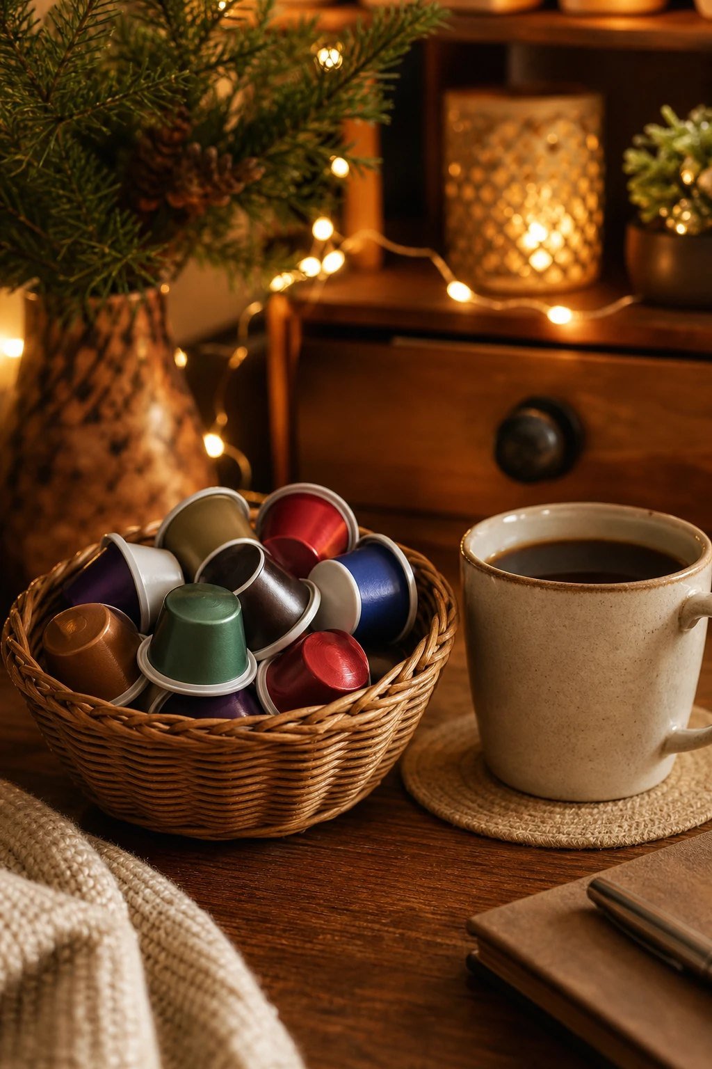 A small basket of single serve coffee pods in assorted colors beside a coffee mug