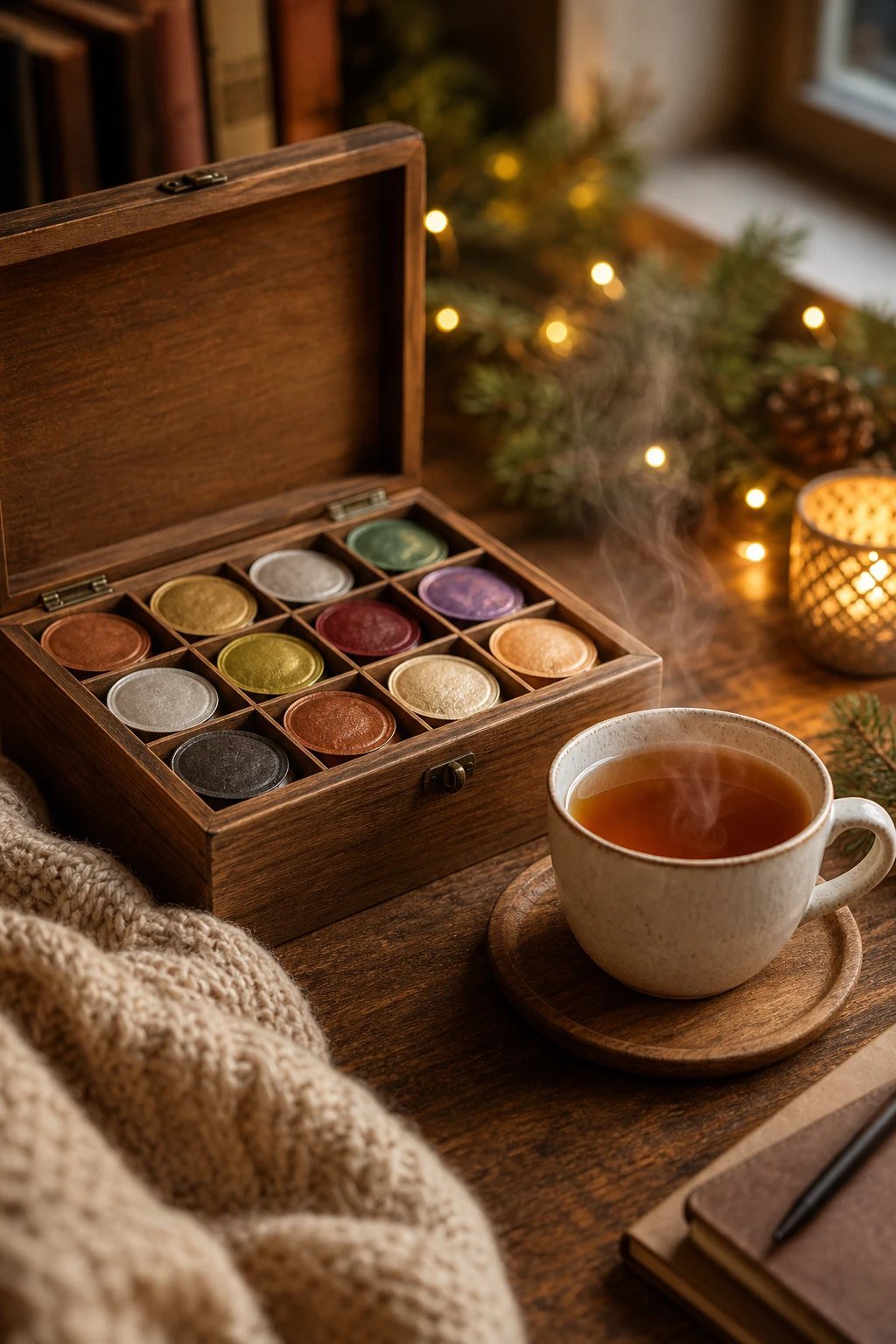 A wooden tea box filled with assorted single serve tea pods beside a steaming cup of tea