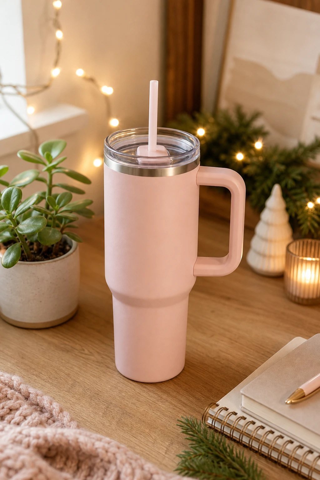 A pastel pink insulated tumbler with a handle and a straw on a desk beside a small plant
