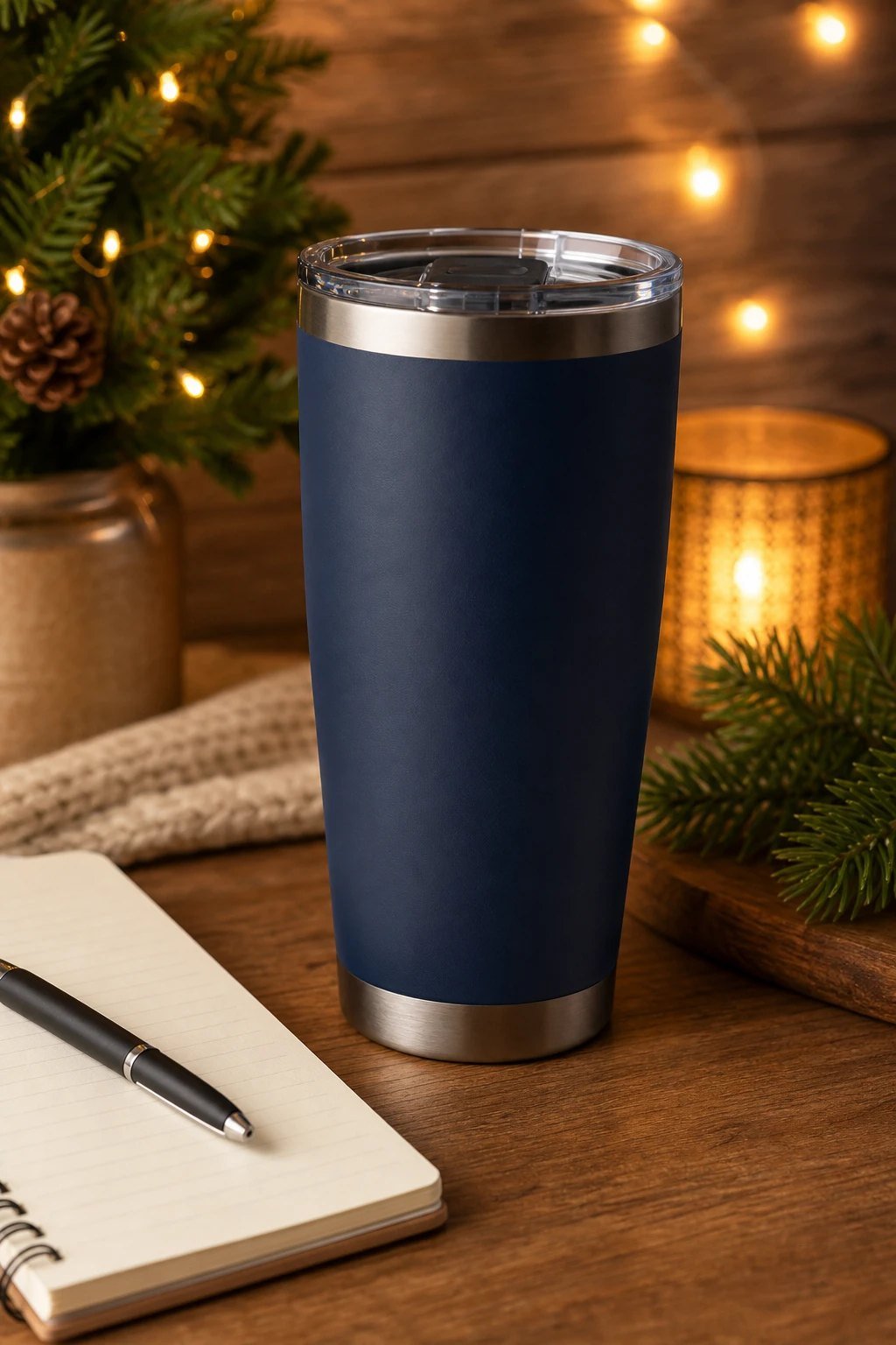 A matte navy stainless steel insulated tumbler with a lid on a wooden desk beside a notebook and a pen