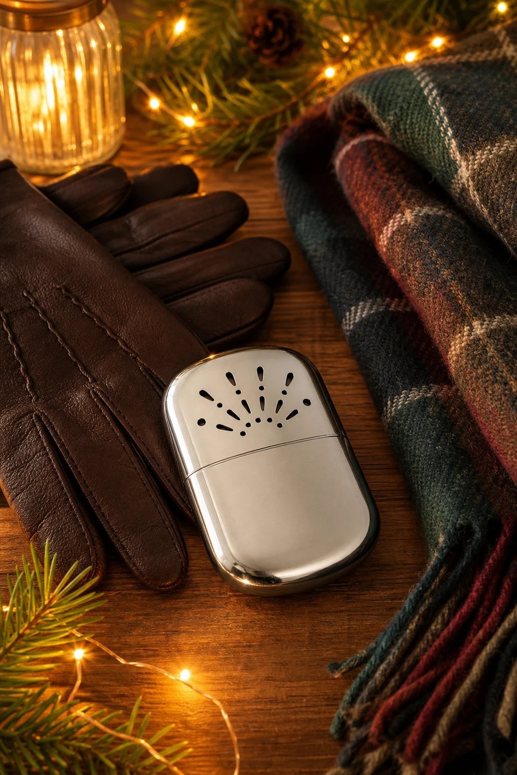 A shiny silver refillable pocket hand warmer beside a pair of leather gloves and a wool scarf