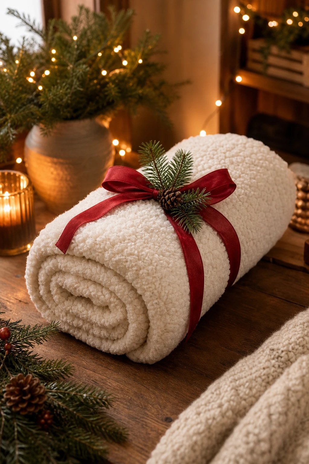 A soft cream sherpa throw blanket rolled up and tied with a red ribbon and a sprig of pine