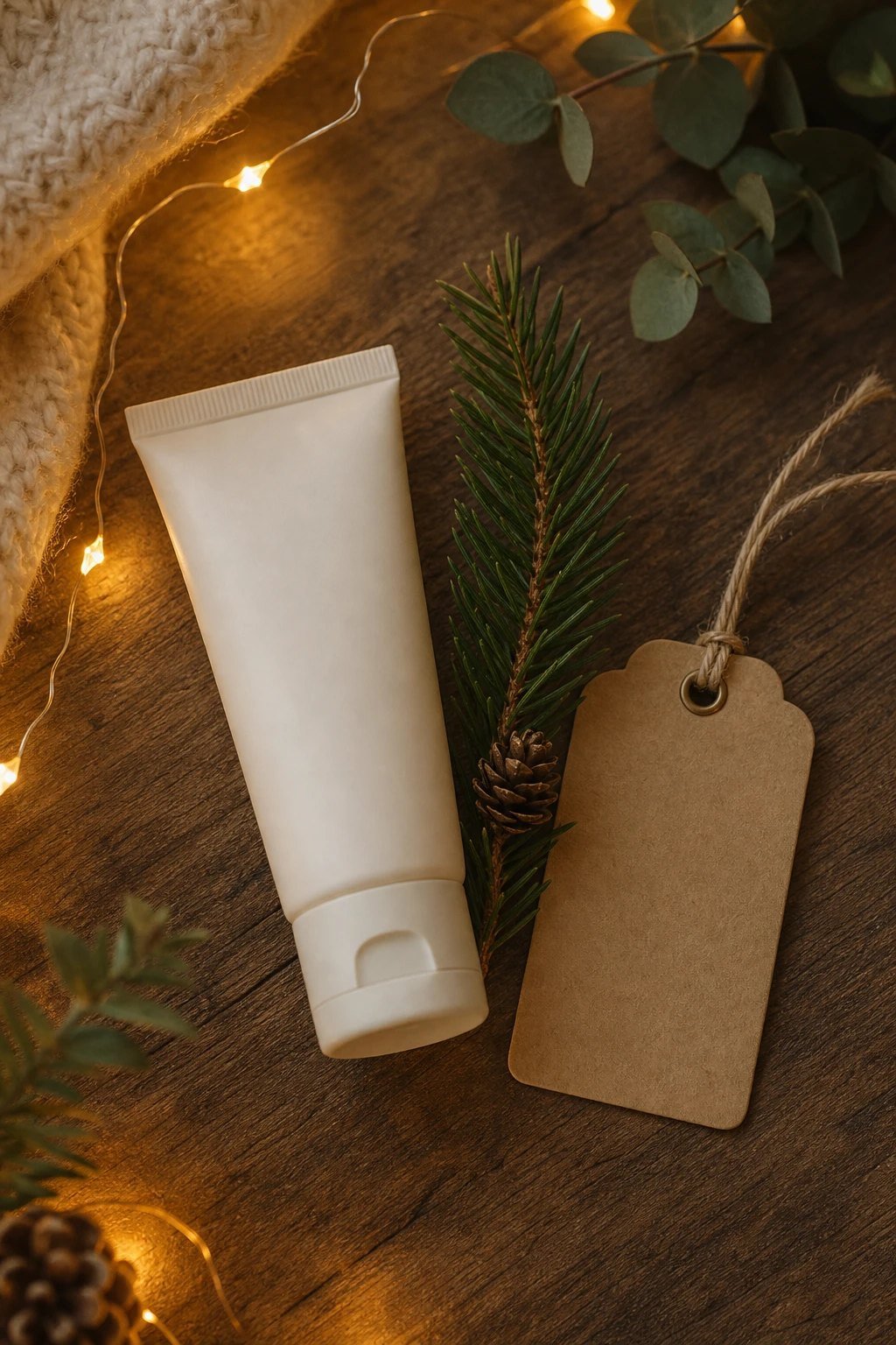 A small cream tube of hand cream next to a sprig of pine and a blank kraft gift tag