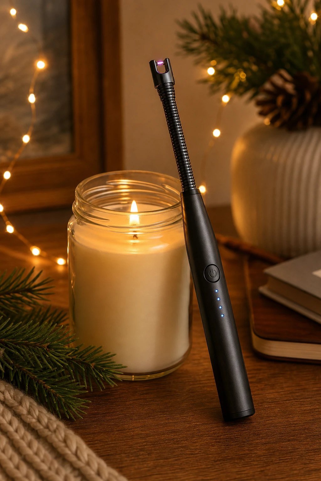 A sleek rechargeable electric candle lighter with a long neck beside a lit jar candle