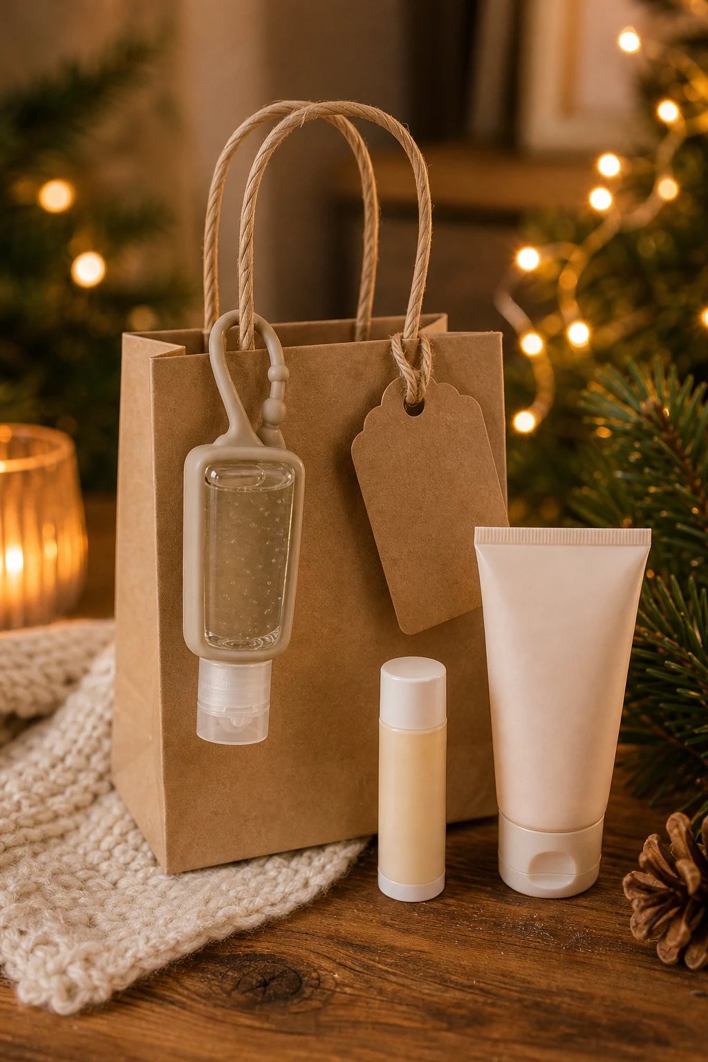 A mini hand sanitizer bottle clipped to a small kraft gift bag with a blank tag