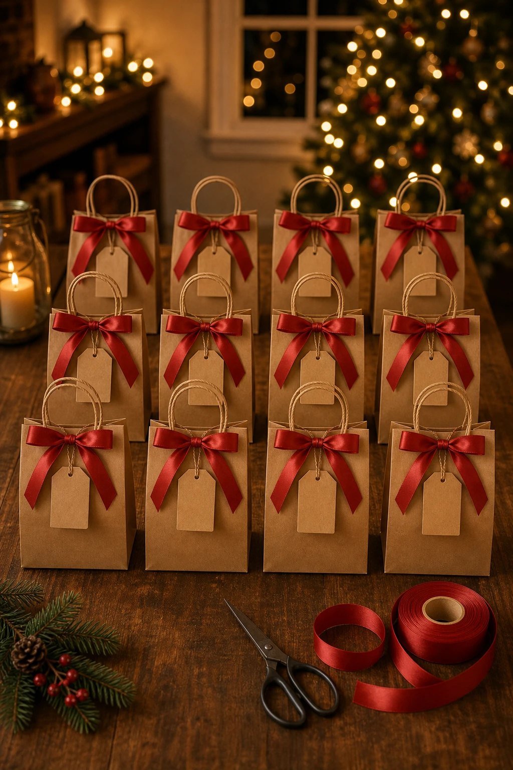 A tidy table covered with a dozen small identical kraft gift bags tied with red ribbon and blank tags