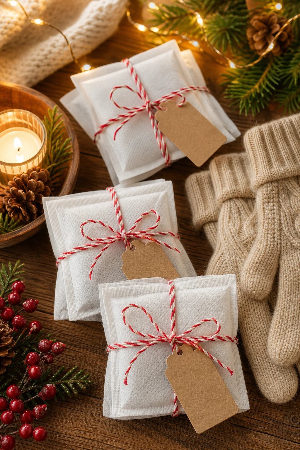 Small white hand warmer packets tied together in pairs with red and white baker's twine and blank kraft tags