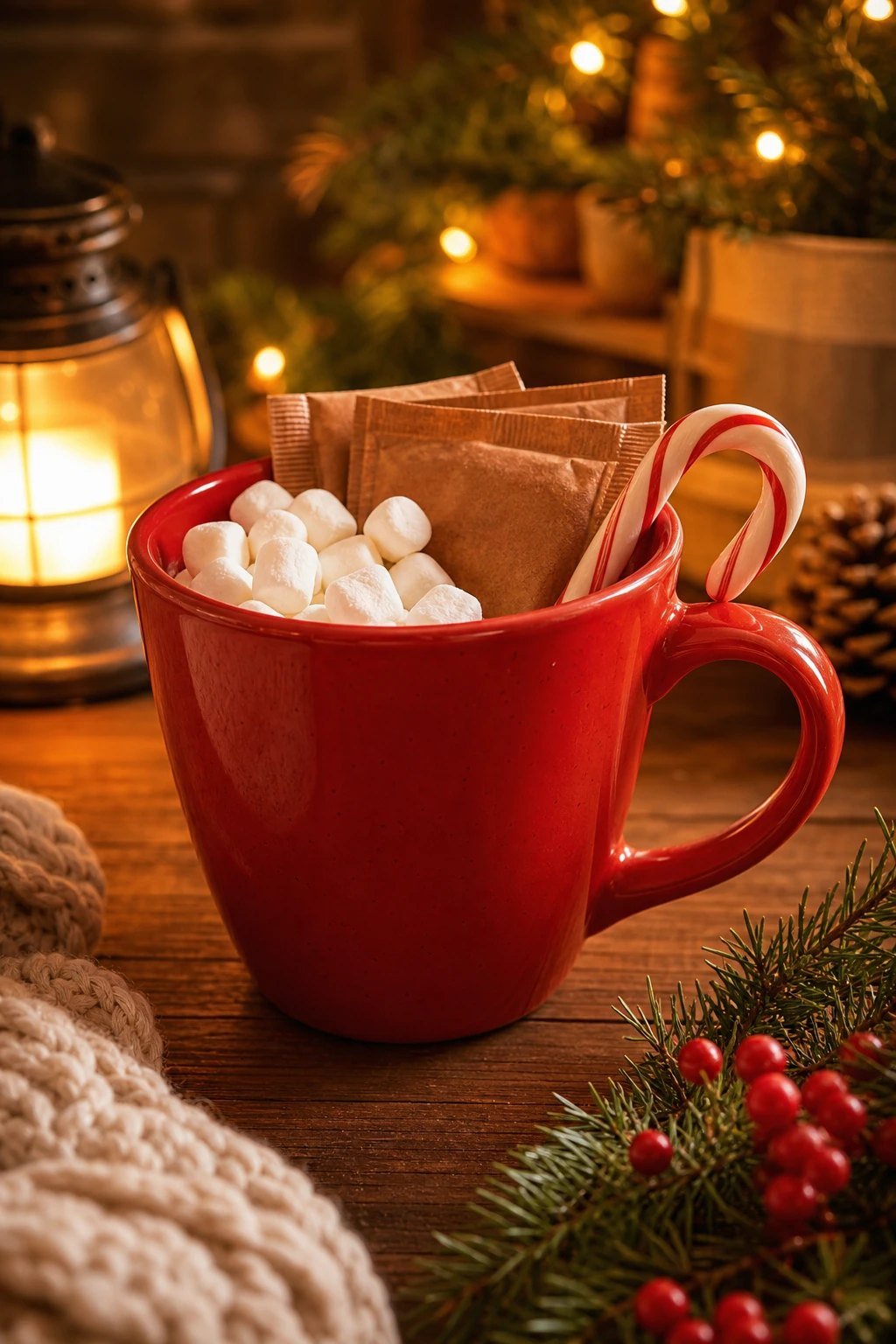 A red Christmas mug filled with hot cocoa packets and mini marshmallows