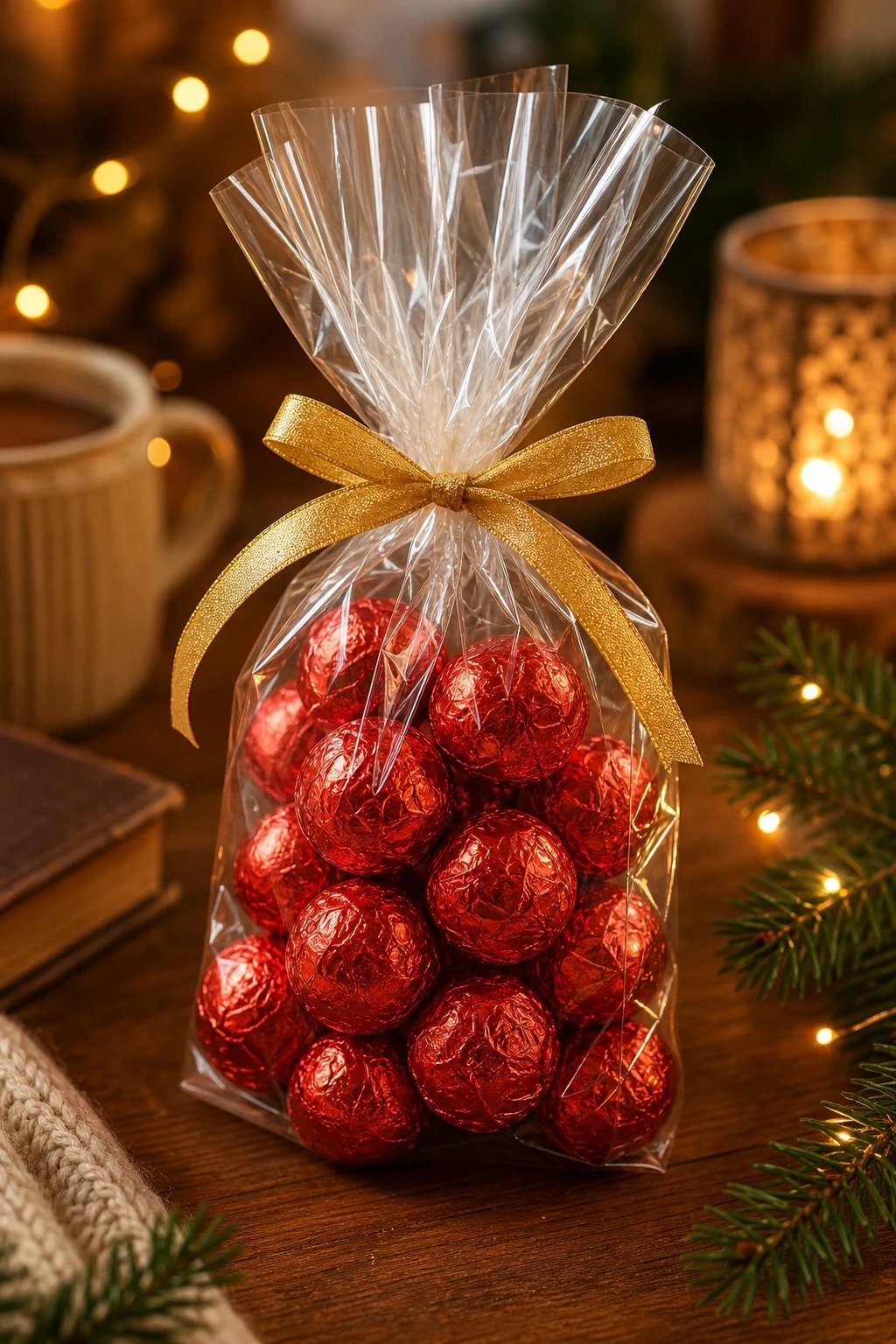 A clear cellophane bag of round red foil wrapped chocolate truffles tied with gold ribbon