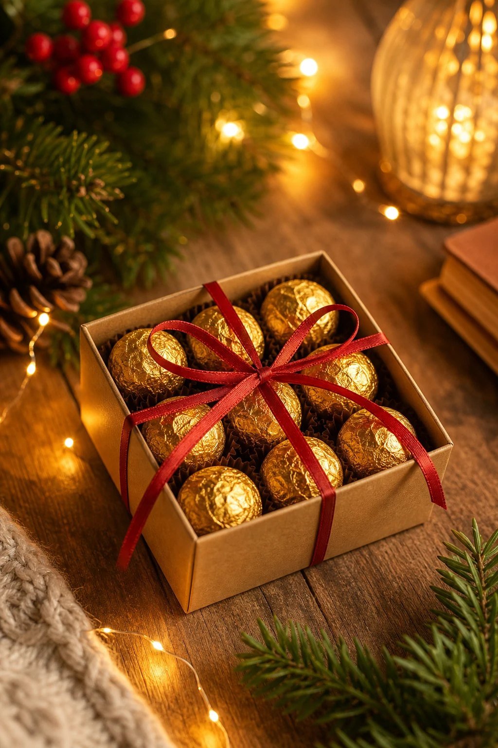 A small gift box of round gold foil wrapped chocolates tied with a thin red ribbon