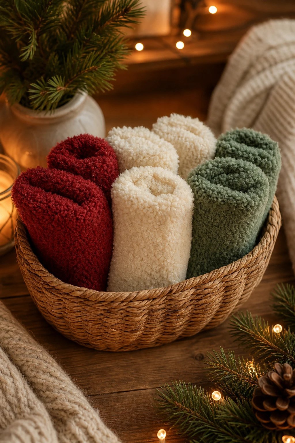 Three pairs of fluffy fuzzy socks in soft red