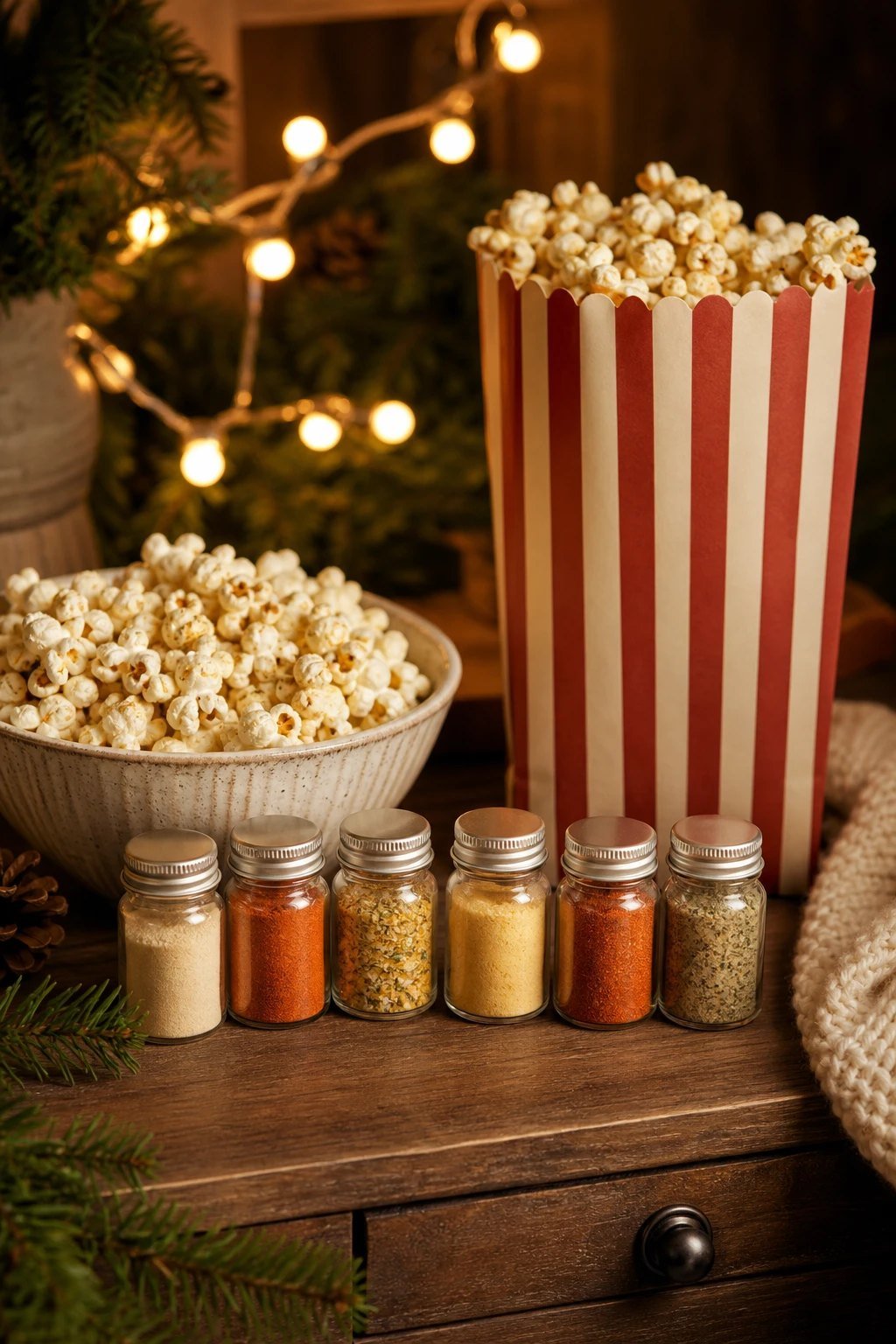 A row of tiny spice jars of popcorn seasoning beside a bowl of popcorn and a striped popcorn bag