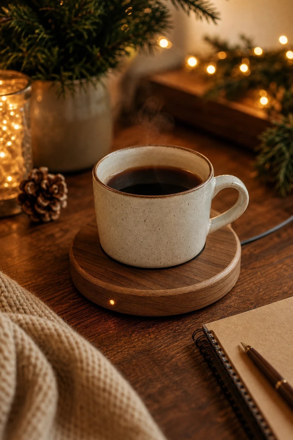 A warm cup of coffee sitting on a small wood look electric mug warmer plate on a desk