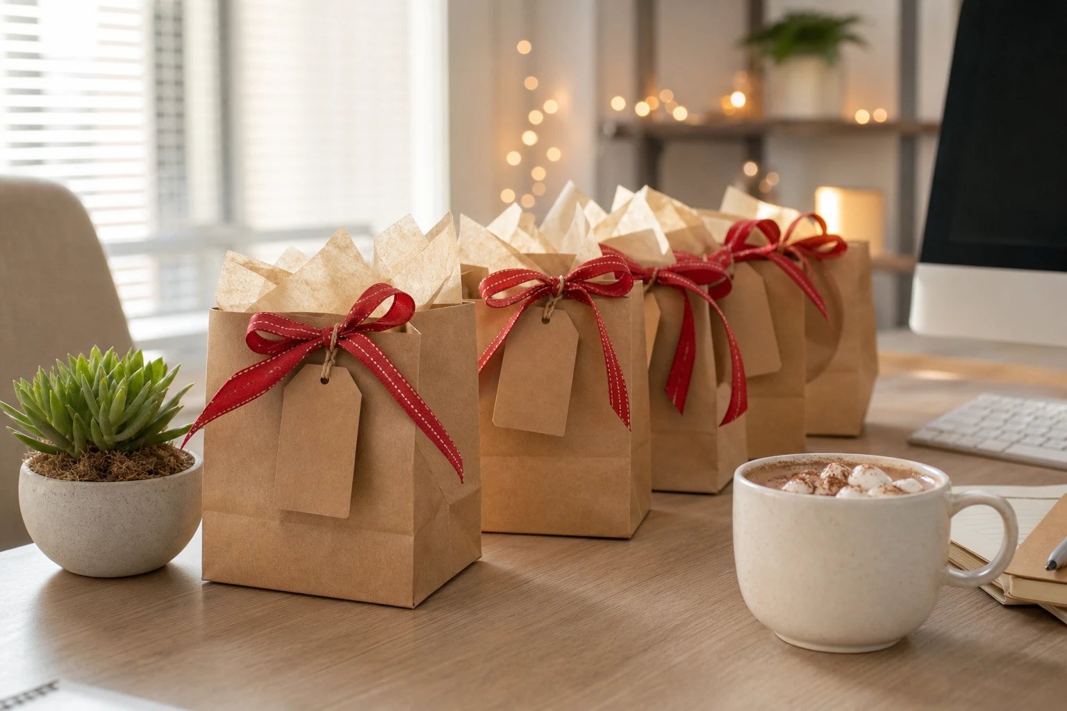 Premium editorial photograph of a row of small wrapped Christmas gifts for coworkers on a tidy office desk