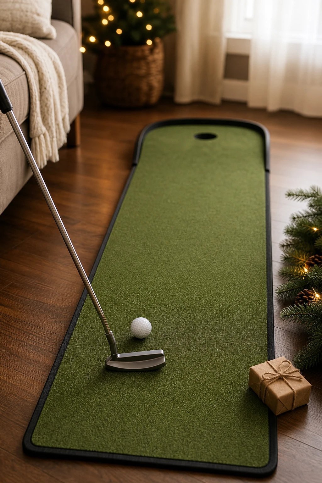 An indoor putting green