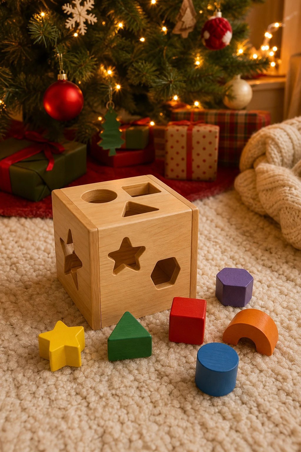 A wooden shape sorting cube with colorful chunky wooden shapes scattered beside it