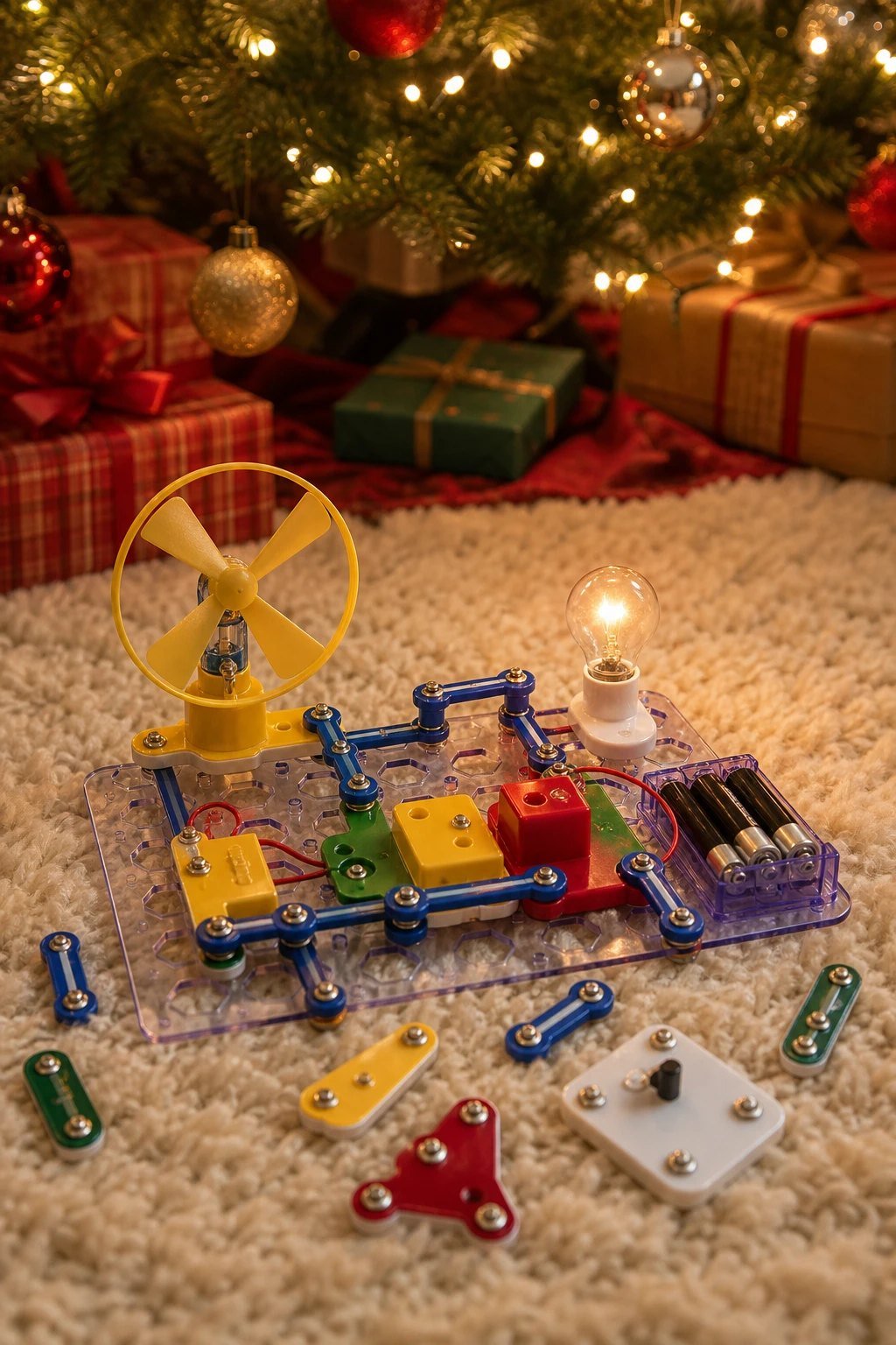 A beginner electronics circuit board kit with colorful snap together components
