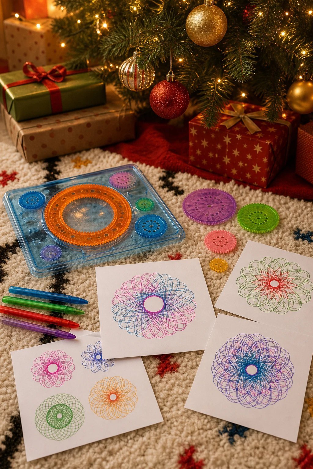 A spirograph style drawing set with plastic geometric wheels and colorful looping pattern drawings on white paper