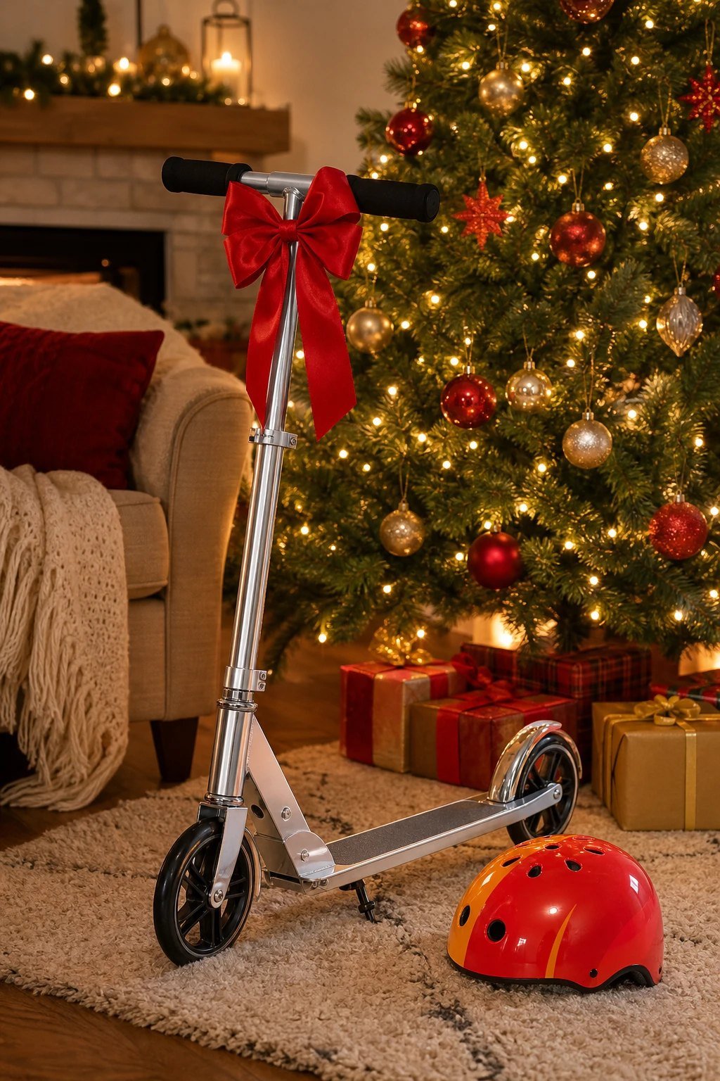 A shiny silver two wheeled kick scooter with a red bow on the handlebars and a bright helmet beside it