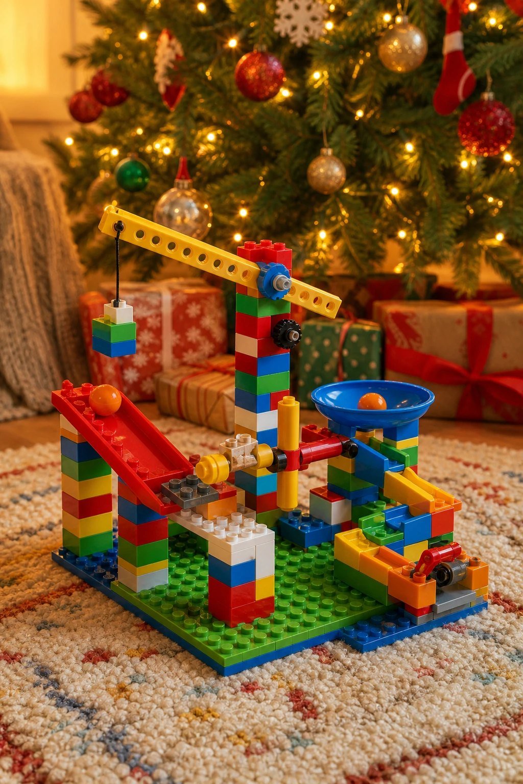 A colorful plastic brick chain reaction machine with a small ramp