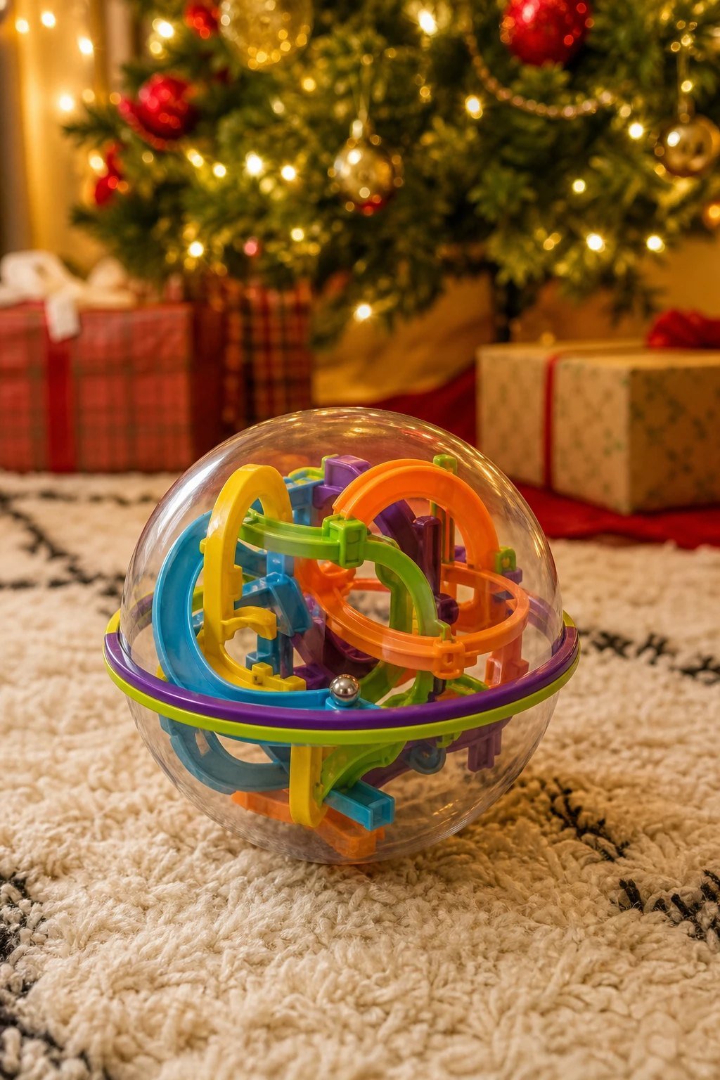 A clear plastic 3D maze ball with colorful twisting tracks inside and a small silver marble