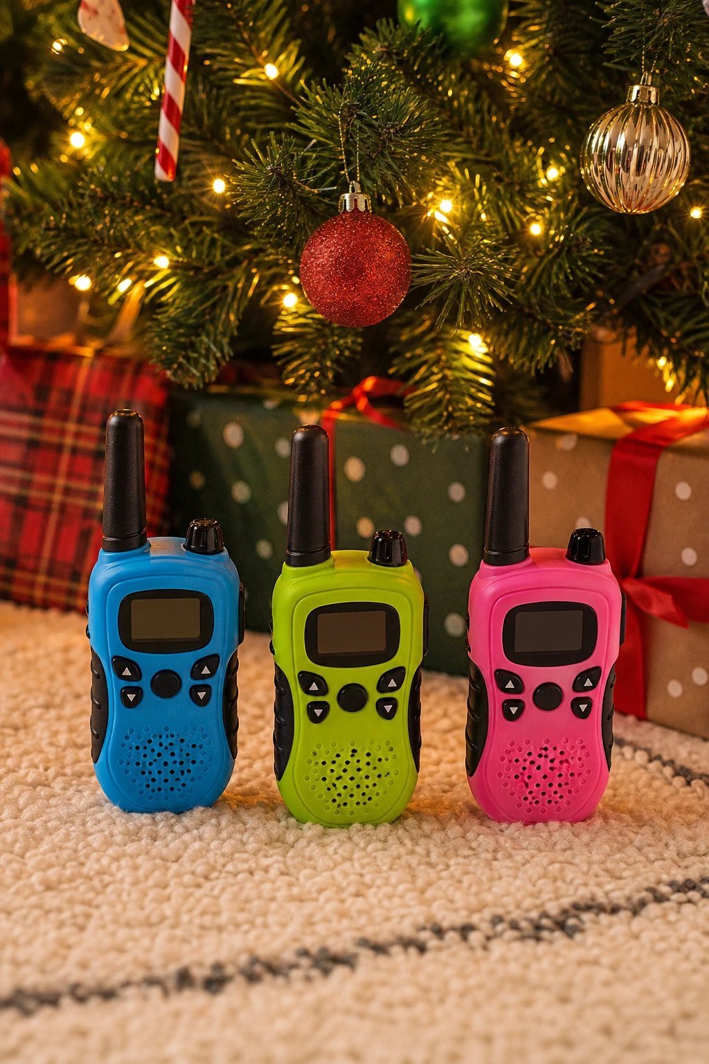 Three bright colorful handheld walkie talkies with short antennas standing in a row