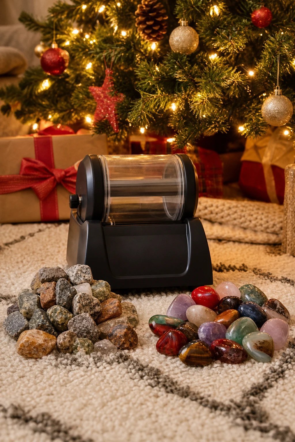 A small rock tumbler machine with a pile of rough stones on one side and shiny polished gemstones on the other