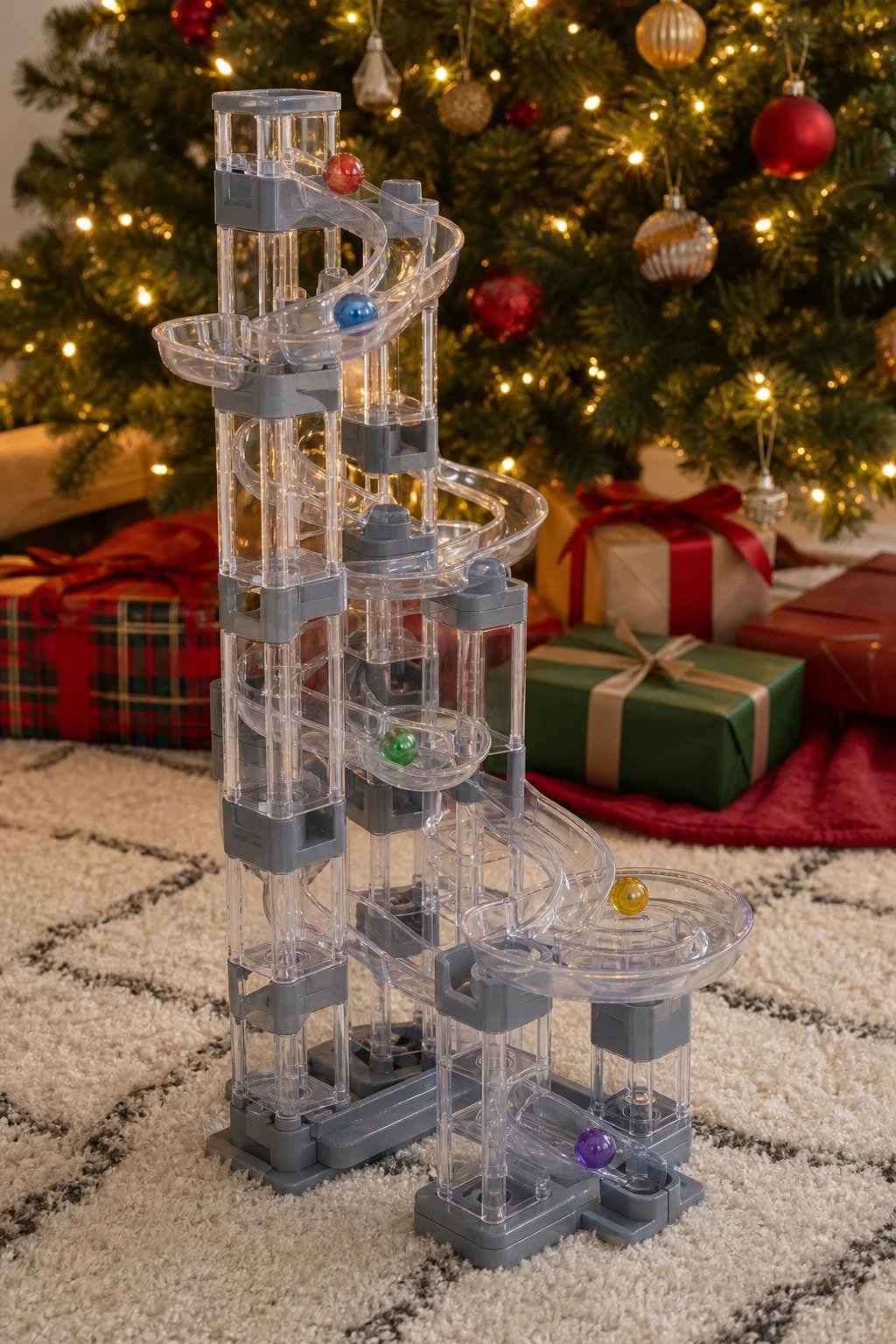 A clear and gray modular marble run tower with curving tracks and a few colorful marbles