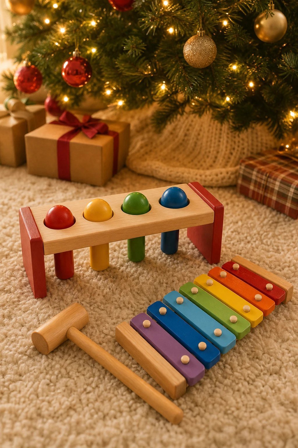 A wooden pound and tap bench toy with colorful balls and a small rainbow xylophone beside a wooden mallet