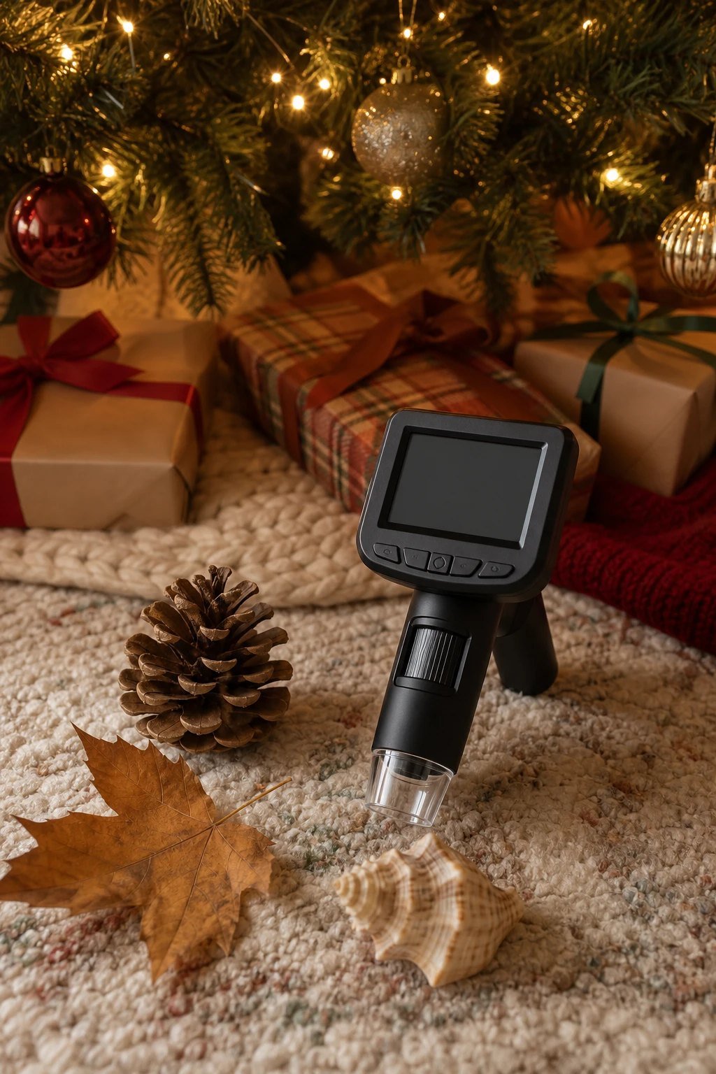 A handheld digital microscope with a small blank screen beside a pine cone