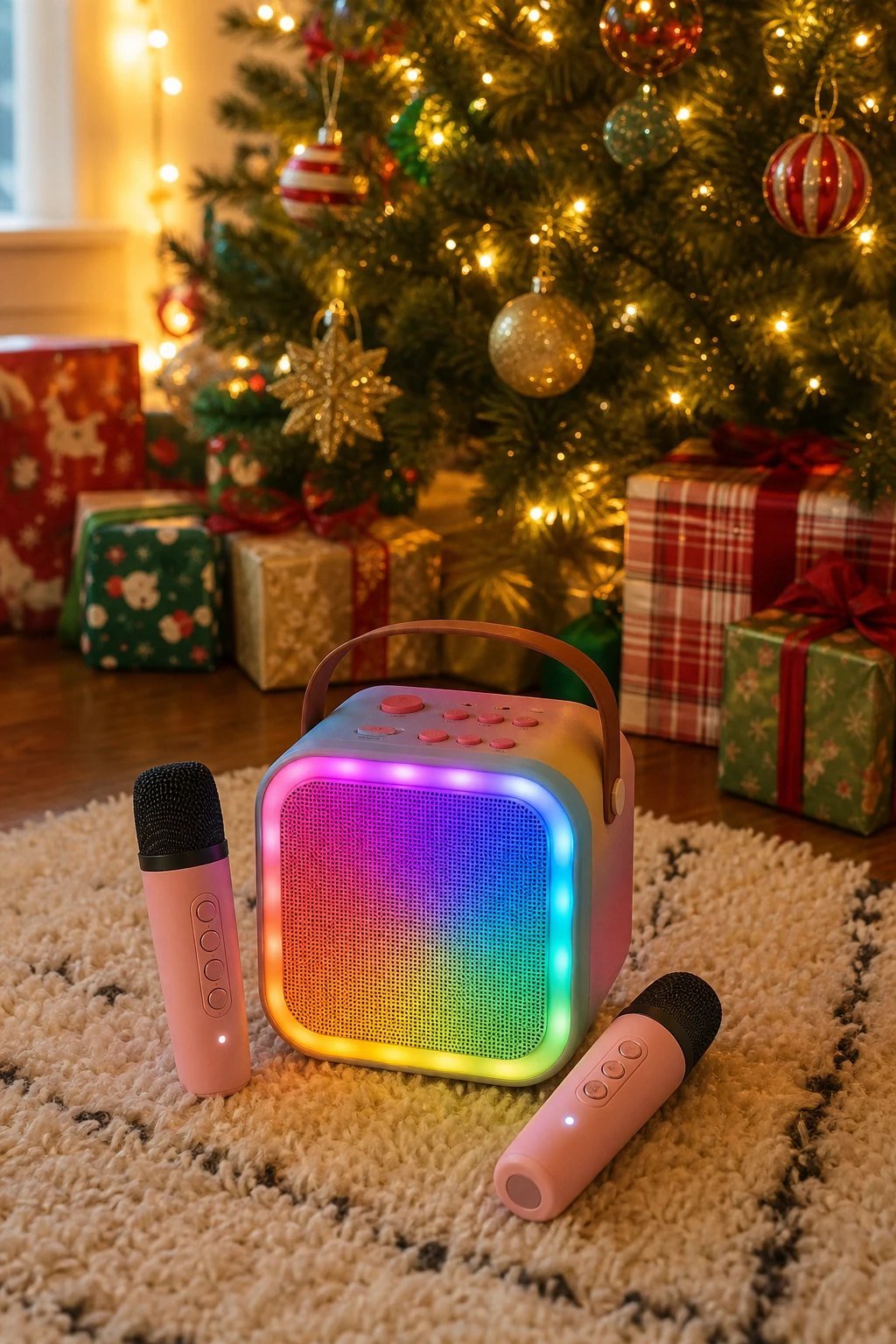 A small colorful karaoke speaker with two wireless microphones and a soft glow of lights