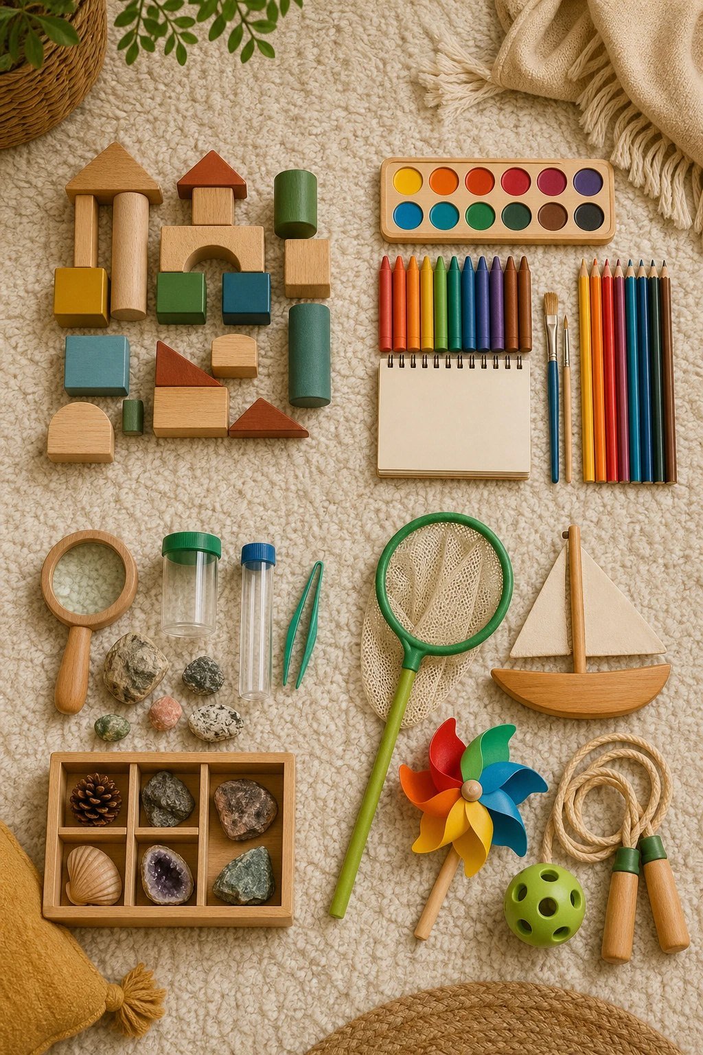 A tidy flat lay of generic wooden and colorful toys sorted into four small groups on a cozy rug