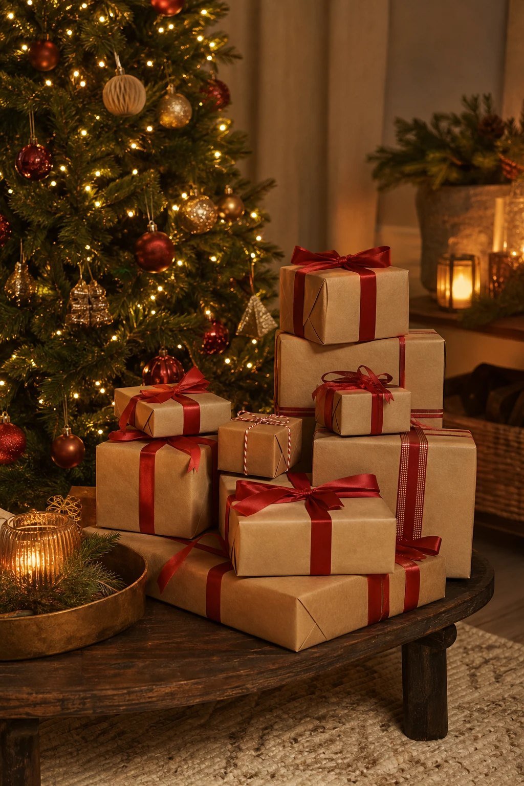 A pile of wrapped Christmas gifts in kraft paper with red ribbons stacked on a low table beside a decorated tree