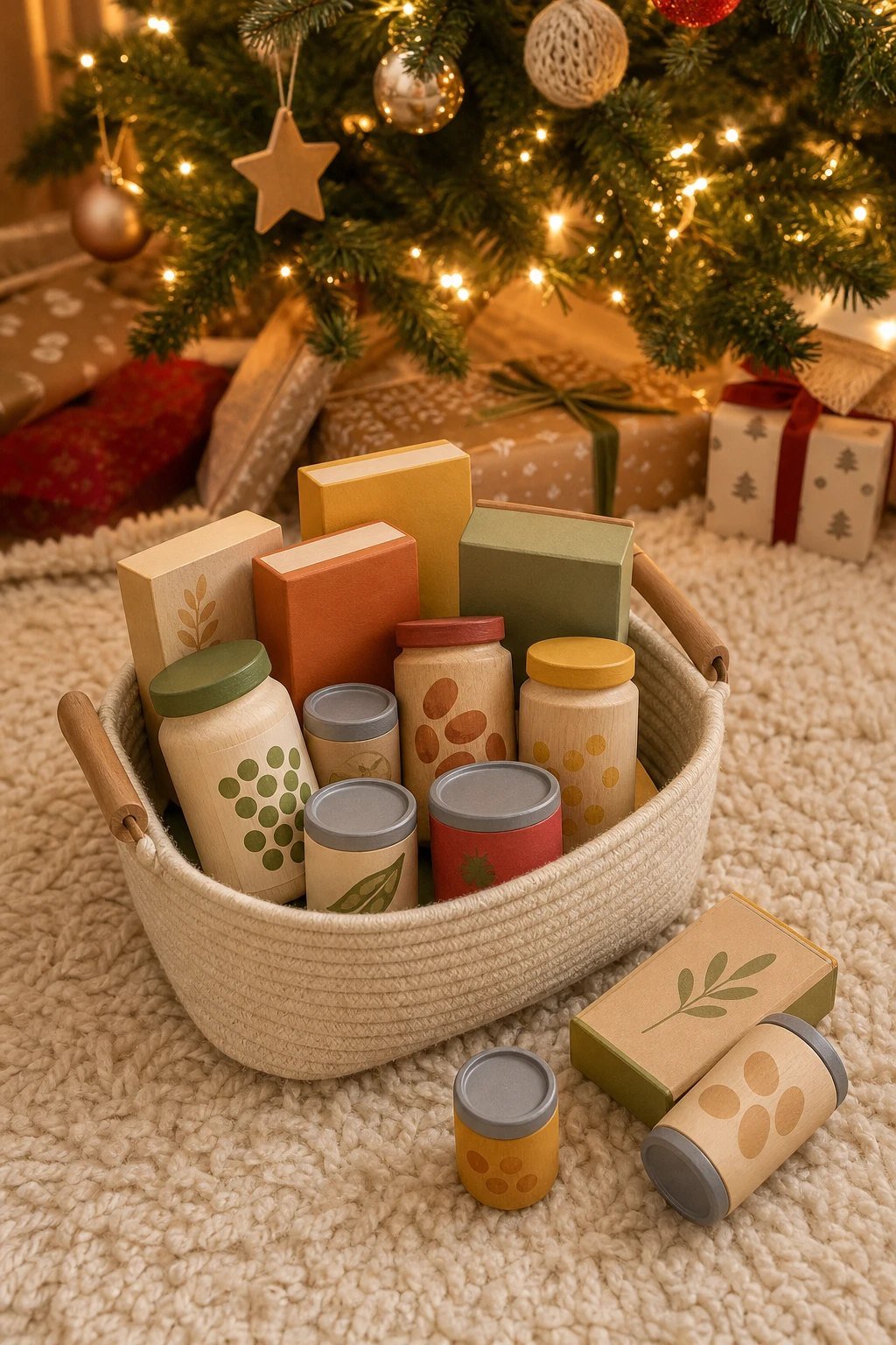 A set of wooden pretend pantry food boxes